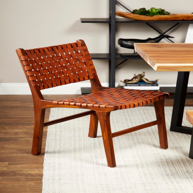 Brown Leather And Teak Contemporary Dining Chair Dining Chair, , alternate image number null