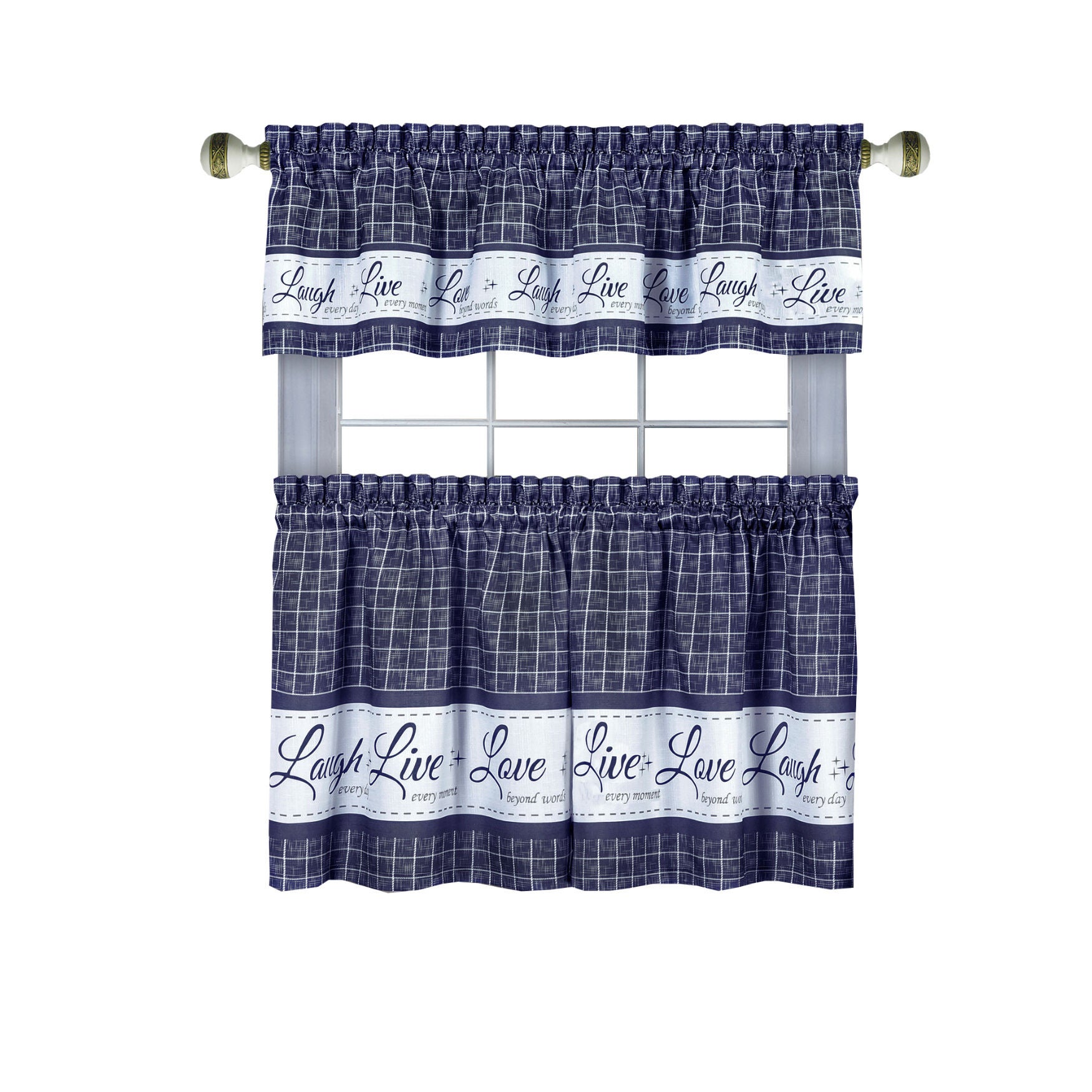 Live, Love, Laugh Window Curtain Tier Pair and Valance Set - 58x24, NAVY, hi-res image number 0