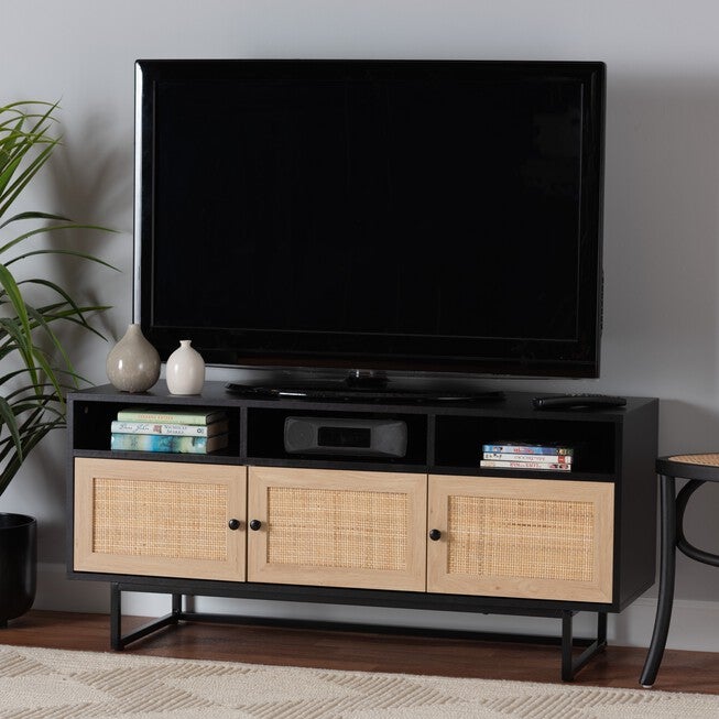 Declan Mid-Century Modern Espresso Brown Finished Wood And Natural Rattan 3-Door Tv Stand, , alternate image number null
