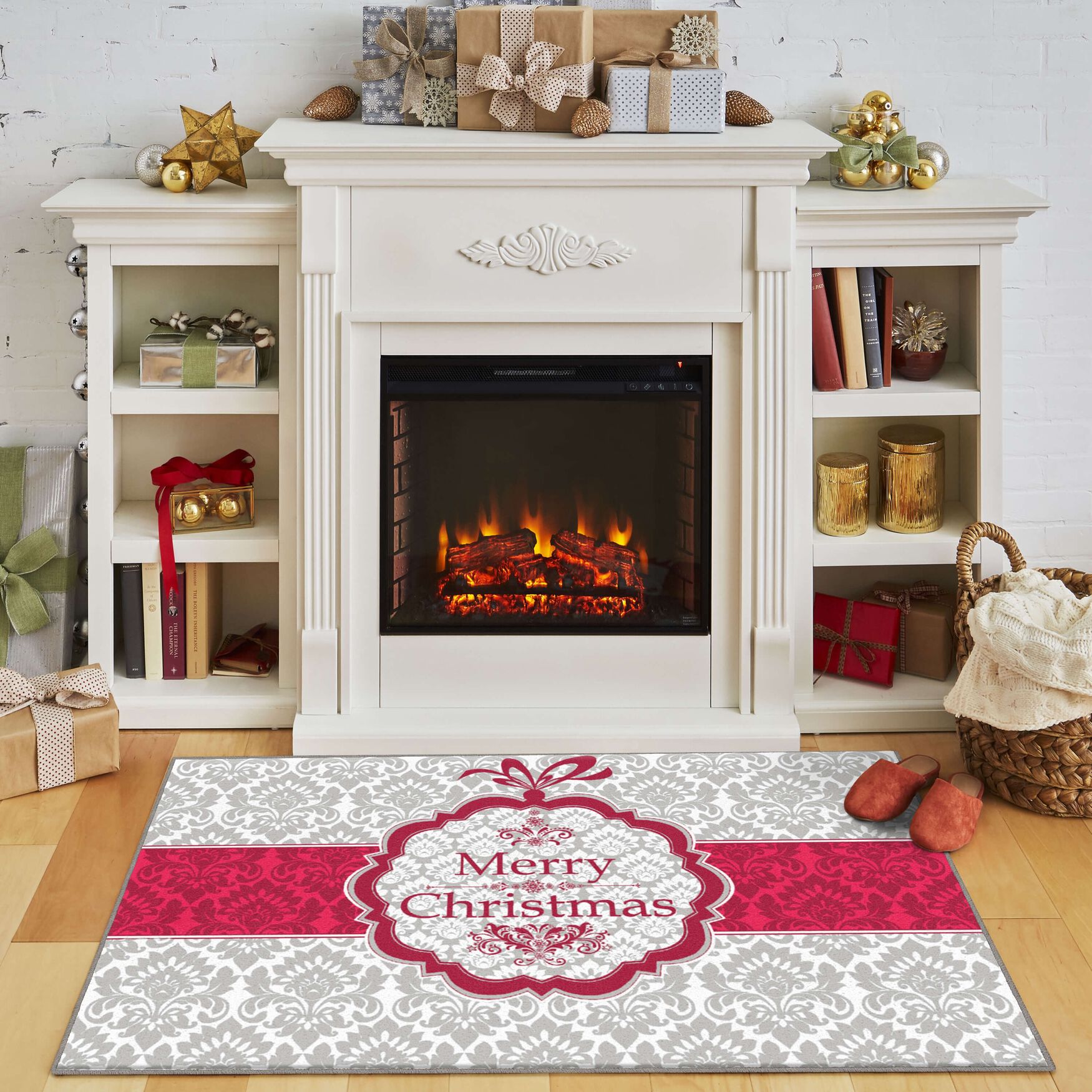Christmas Damask Grey Kitchen Rug, , alternate image number 5