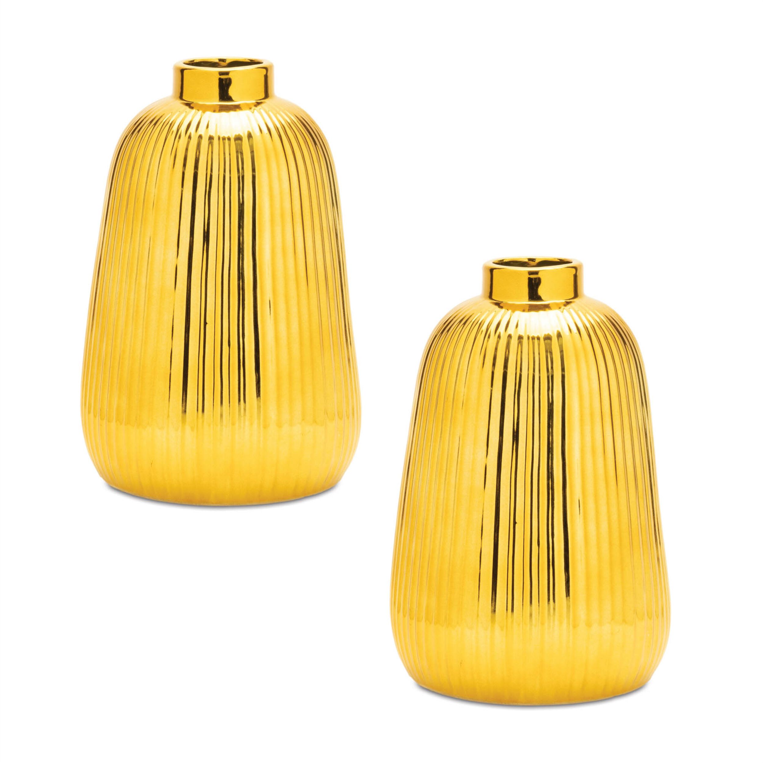 Ribbed Metallic Ceramic Vase Set of 2, GOLD, alternate image number 1
