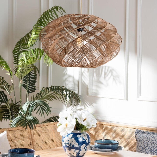 Enola Handwoven Jute Pendant Lampshade - Boho Chic Ceiling Light Cover with Twisted Spiral Design, BROWN, hi-res image number 0