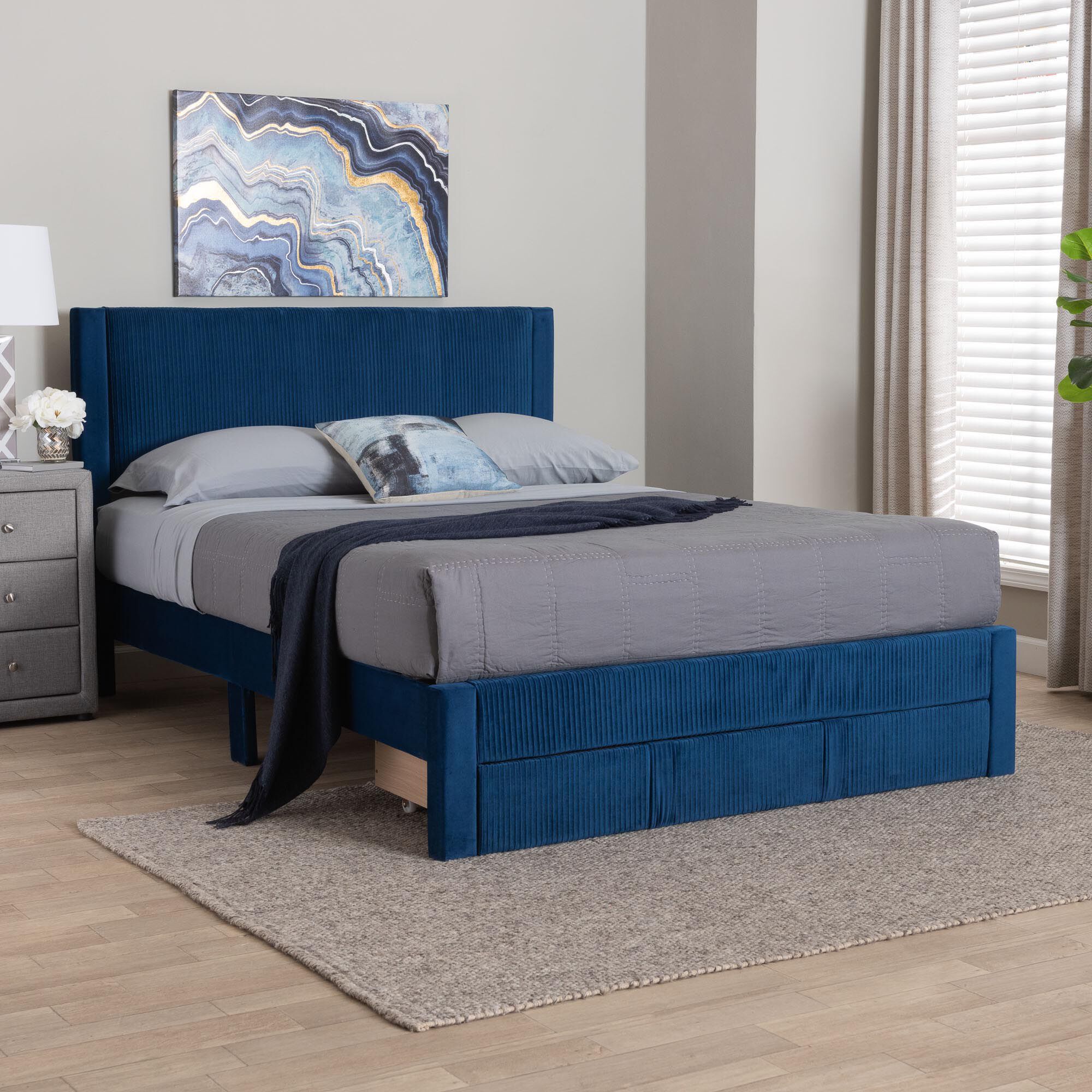 Elora Modern Pleated Velvet Queen Size Storage Bed, NAVY, hi-res image number 0