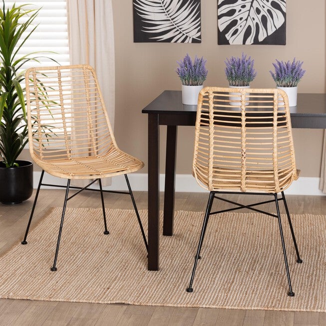 Manhattan Modern Bohemian Natural Brown Rattan And Black Metal Dining Chair, , alternate image number null