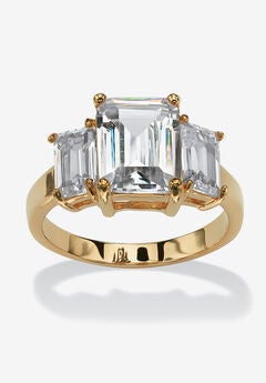 Yellow Gold-Plated Simulated Emerald Cut Birthstone Ring