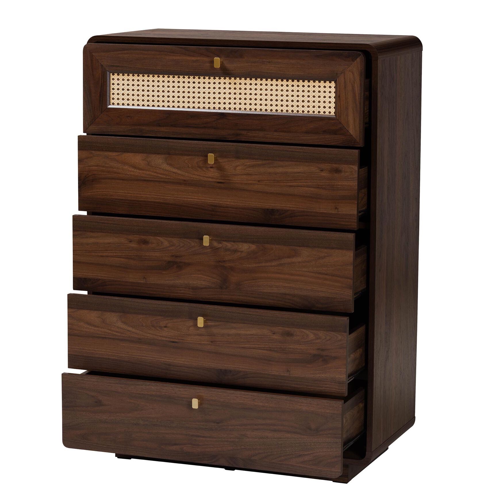 Jenibelle Classic Walnut Brown Wood 5-Drawer Chest with Rattan Drawer, , on-hover image number 1