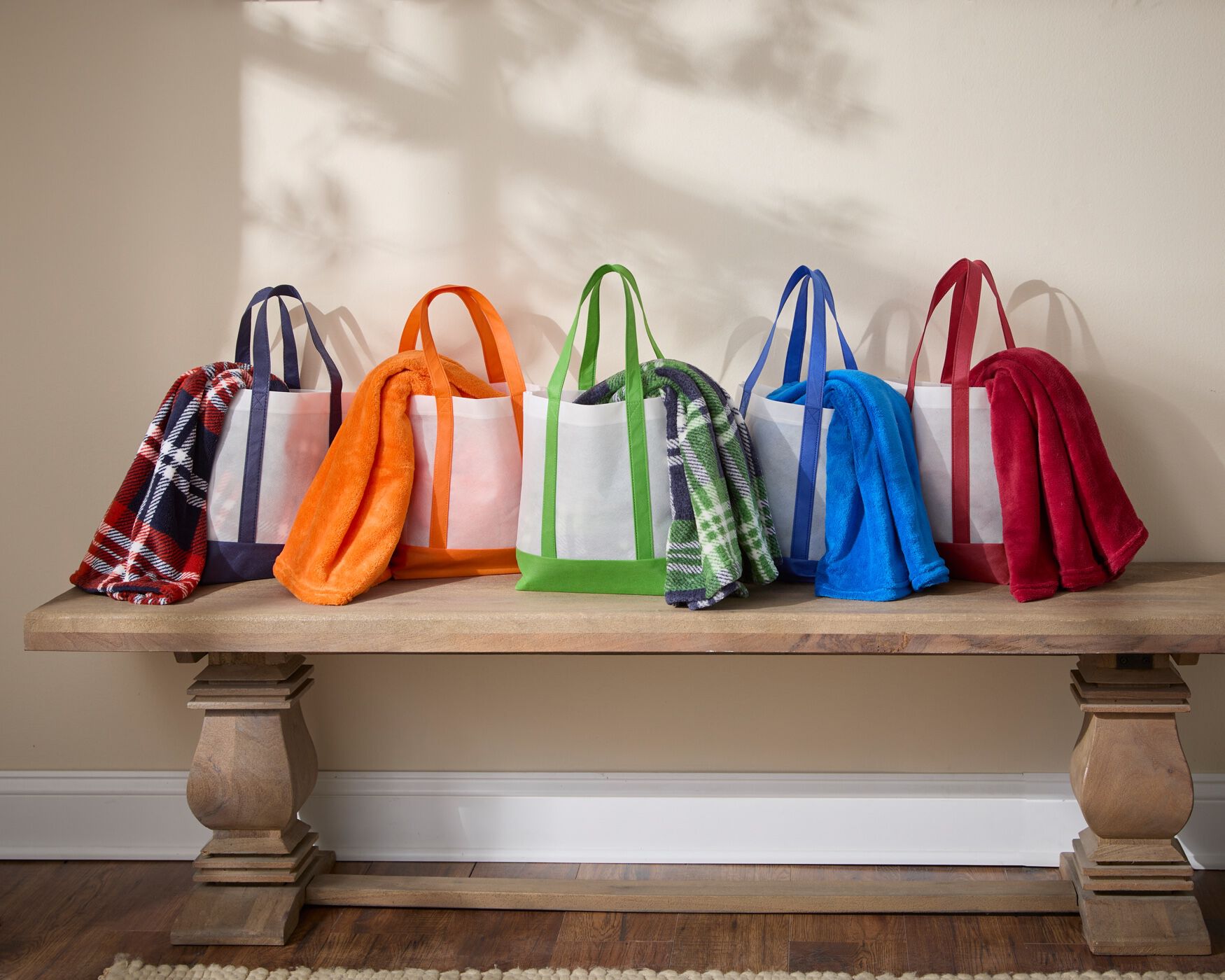 Tote Bag With Free Throw, RED MULTI, on-hover image number 1