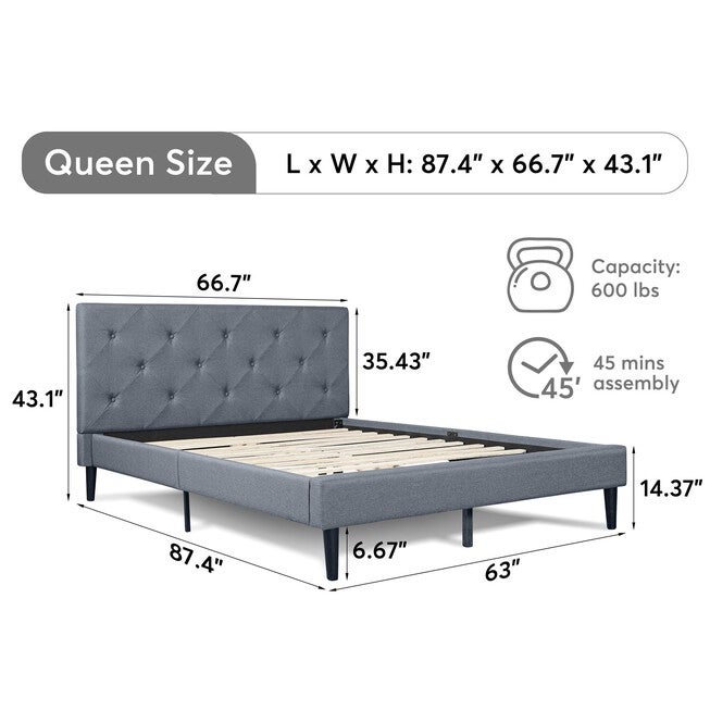 Monticello Platform Bed, Queen, Gray, GRAY, alternate image number 7