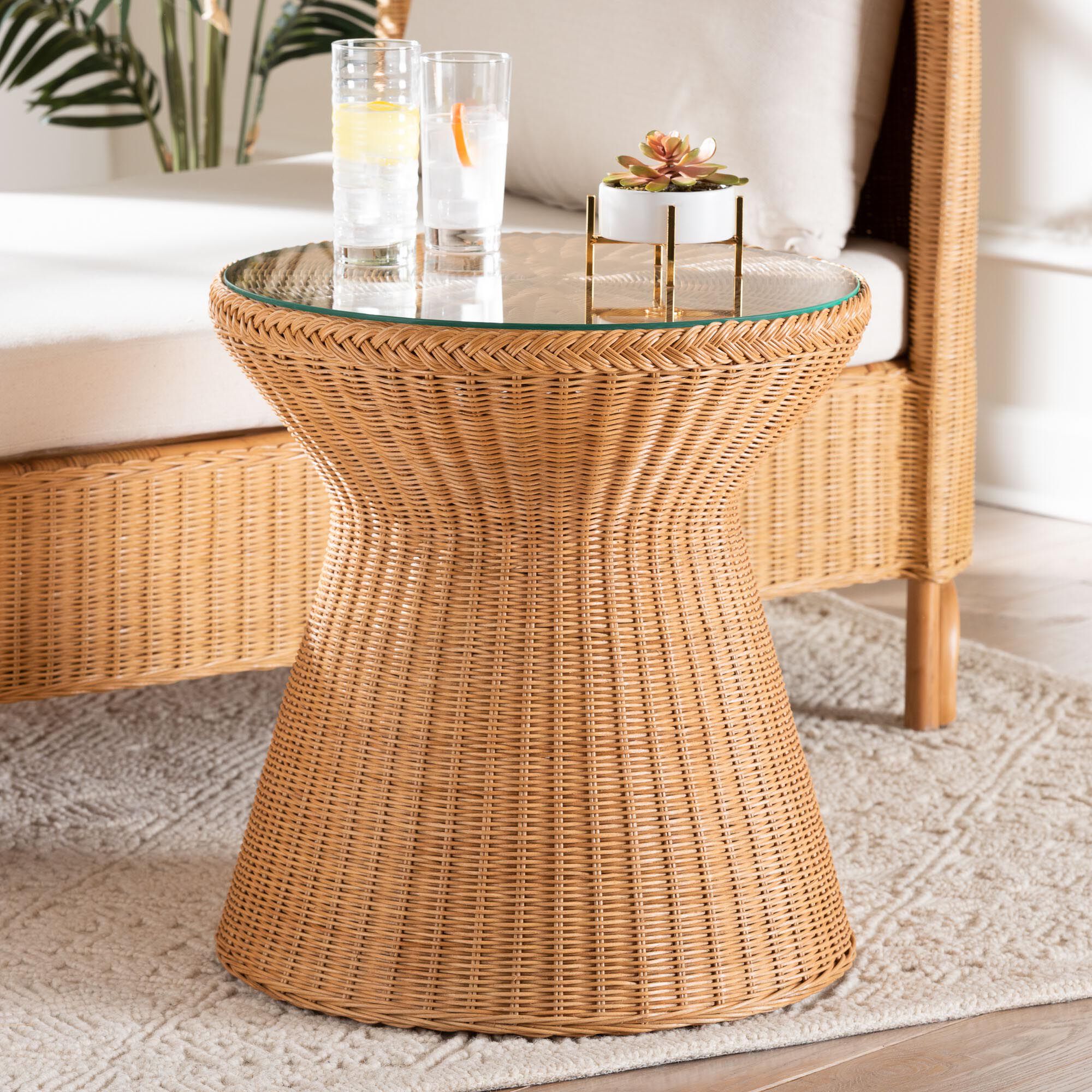 Nina Bohemian Light Honey Braided Rattan End Table with Glass Tabletop, NATURAL, alternate image number 4