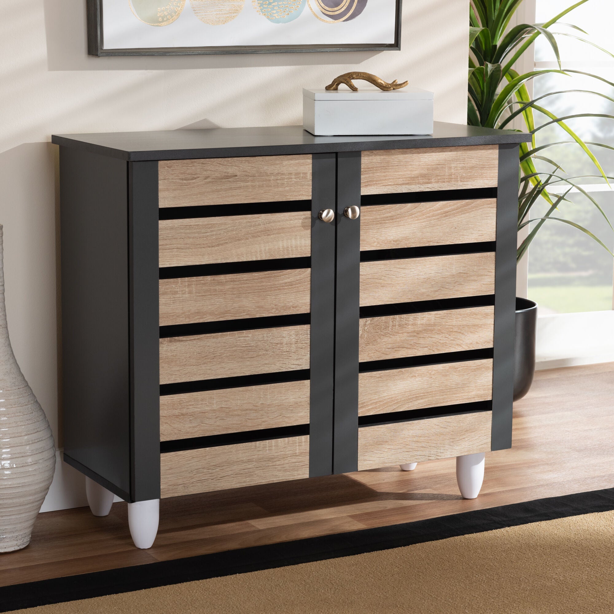 Gisela Modern and Contemporary Two-Tone Oak and Dark Gray 2-Door Shoe Storage Cabinet, OAK, alternate image number 7