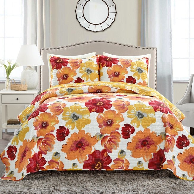Lush Décor Leah Quilt Blue 3Pc Set, RED ORANGE, hi-res image number 0