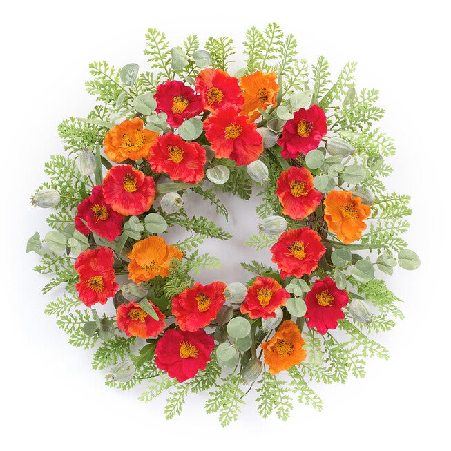 Poppy And Fern Floral Wreath 18.5 inchesD, RED, hi-res image number 0