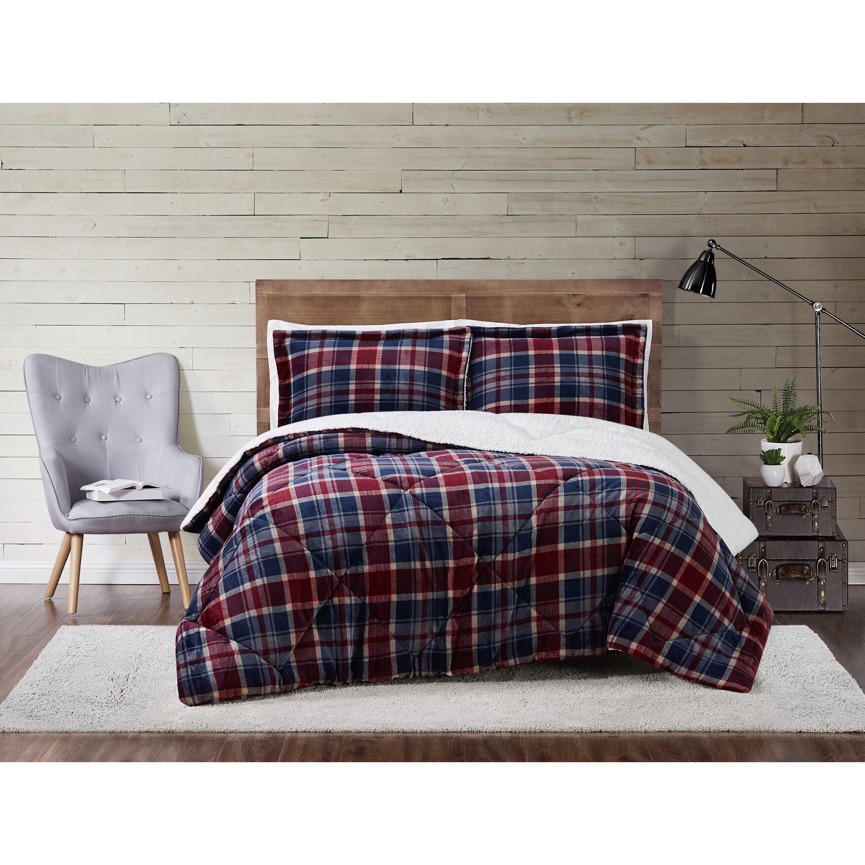 Cuddle Warmth Printed Plaid Comforter Set, PLAID BLUE RED, hi-res image number 0