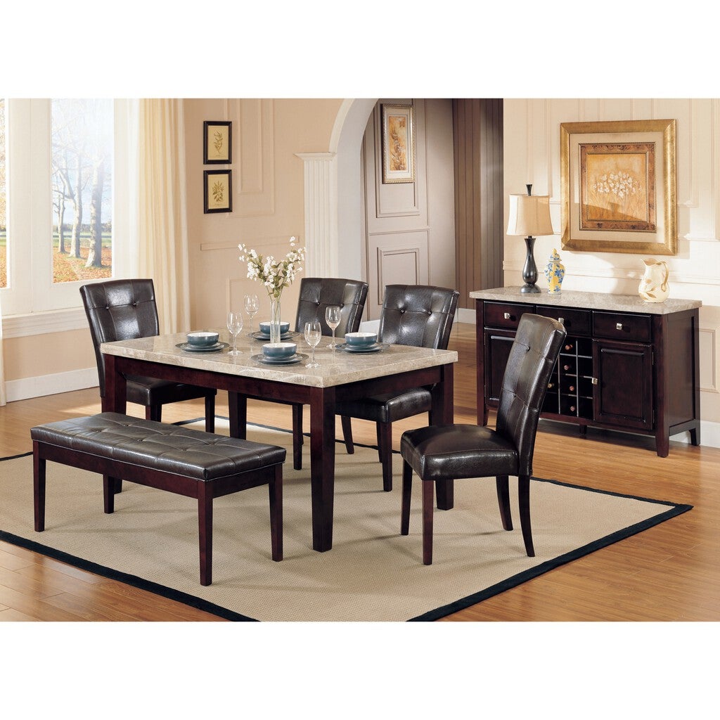 Six-seat dining table with six chairs and a bench around a rectangular table in a warm dining room