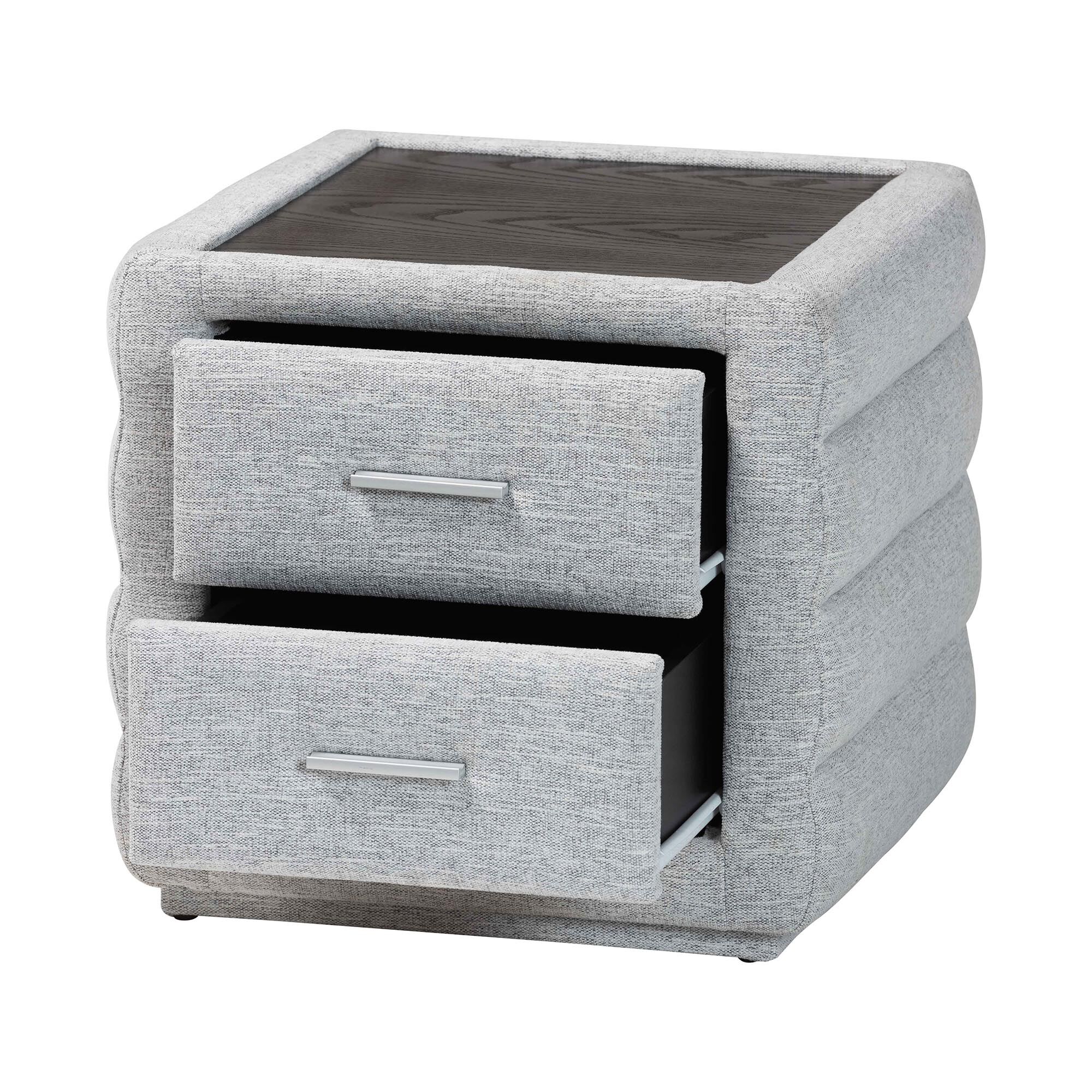 Cadmus Modern Light Grey Channel-Tufted Fabric 2-Drawer Nightstand, GREY, alternate image number 2