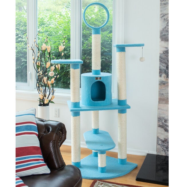 Classic 65 inches Real Wood Five Levels Cat Tree With Perch, Condo, Hanging Tunnel, , on-hover image number 1