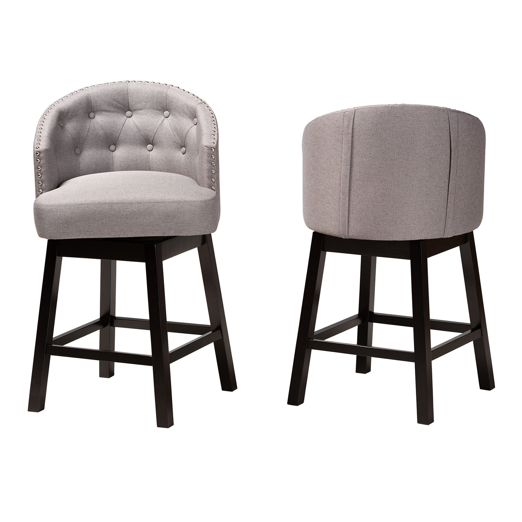 Theron Mid-Century Transitional Black Faux Leather and Espresso Brown Finished Wood 2-Piece Swivel Counter Stool Set, BROWN, alternate image number 15