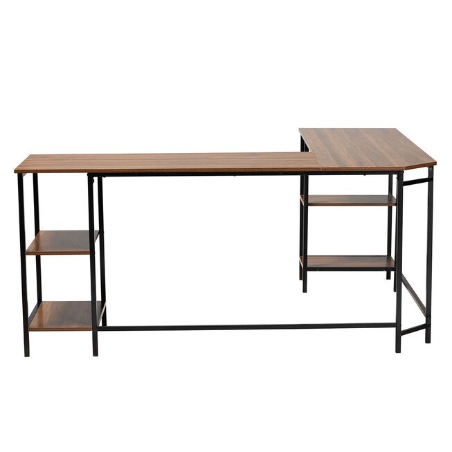 Lydia Modern Walnut Brown Finished Wood And Black Metal L-Shaped Corner Desk With Shelves, , alternate image number null