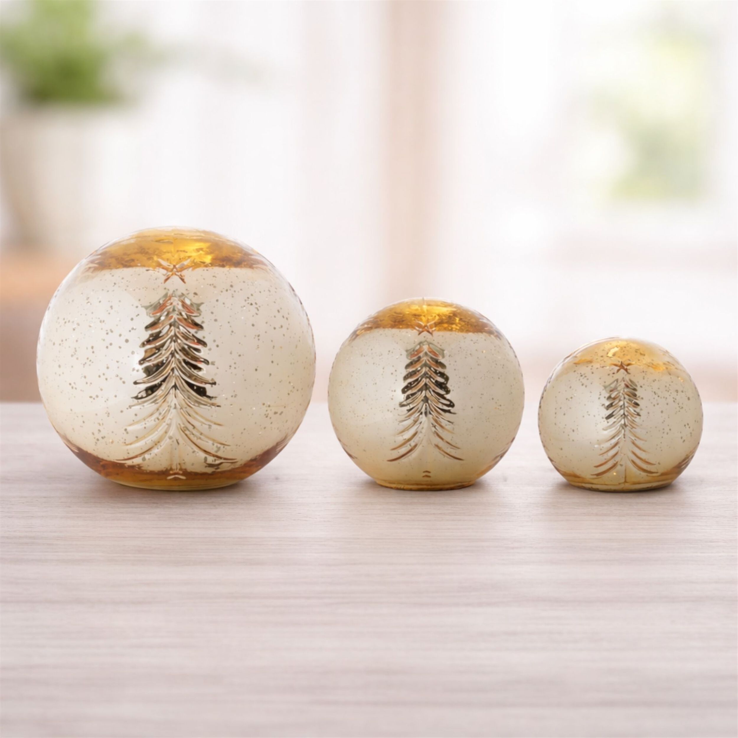 LED Snowy Etched Pine Tree Print Globe (Set of 3), GOLD, alternate image number 1