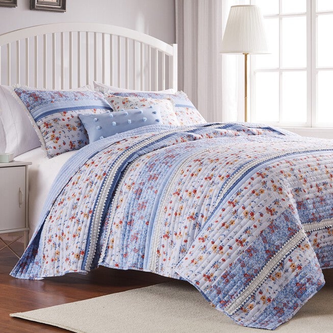 Betty Lace Embellished Quilt And Pillow Sham Set, WHITE, hi-res image number 0