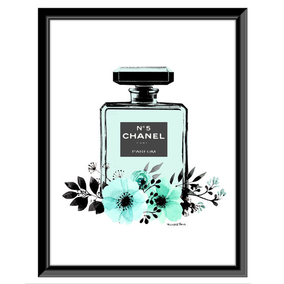 Chanel Bottle Floral - Teal / White - 14x18 Framed Print | Woman Within