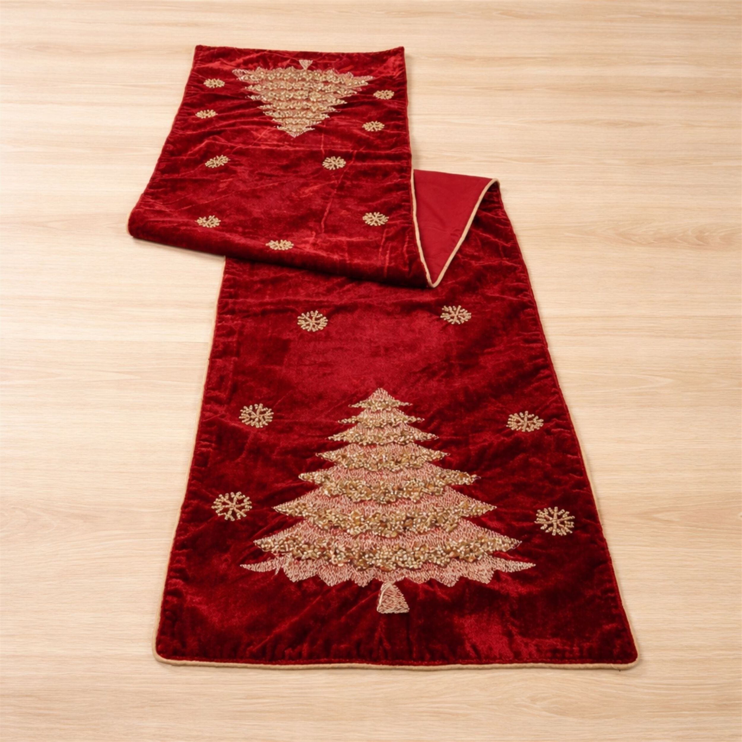 Embroidered Pine Tree Table Runner 72 inchesL, RED GOLD, alternate image number 1