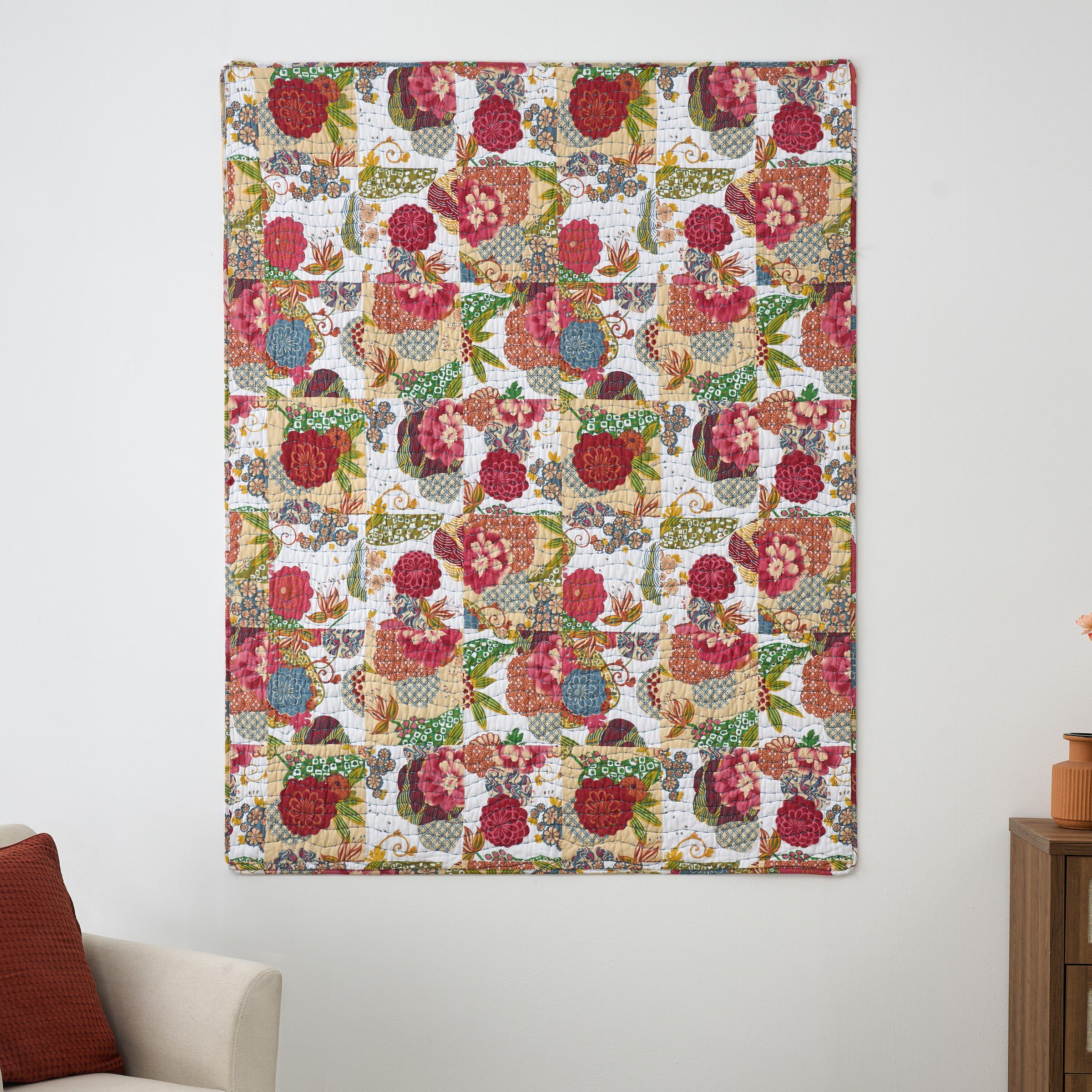 Jewel Floral Kantha Style Quilted Throw Blanket, White, WHITE, alternate image number 2