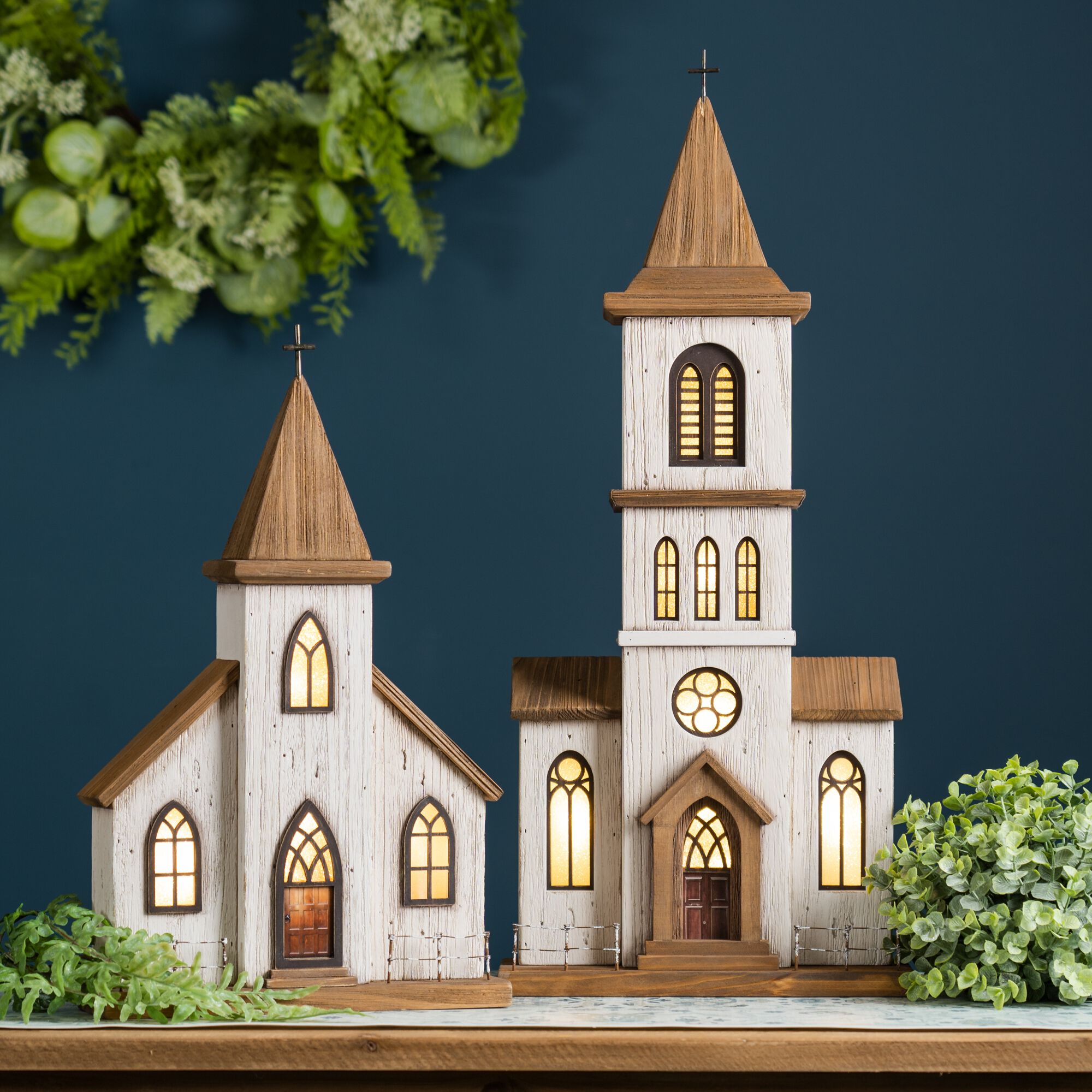 Lighted Natural Wooden Church Display with Rustic Metal Accents 25.25 inchesH, BROWN WHITE, alternate image number 1