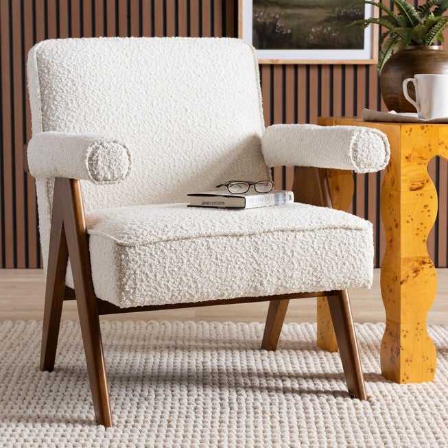 Georgina Japandi Cream Boucle and Walnut Brown Wood Accent Chair, CREAM, hi-res image number 0