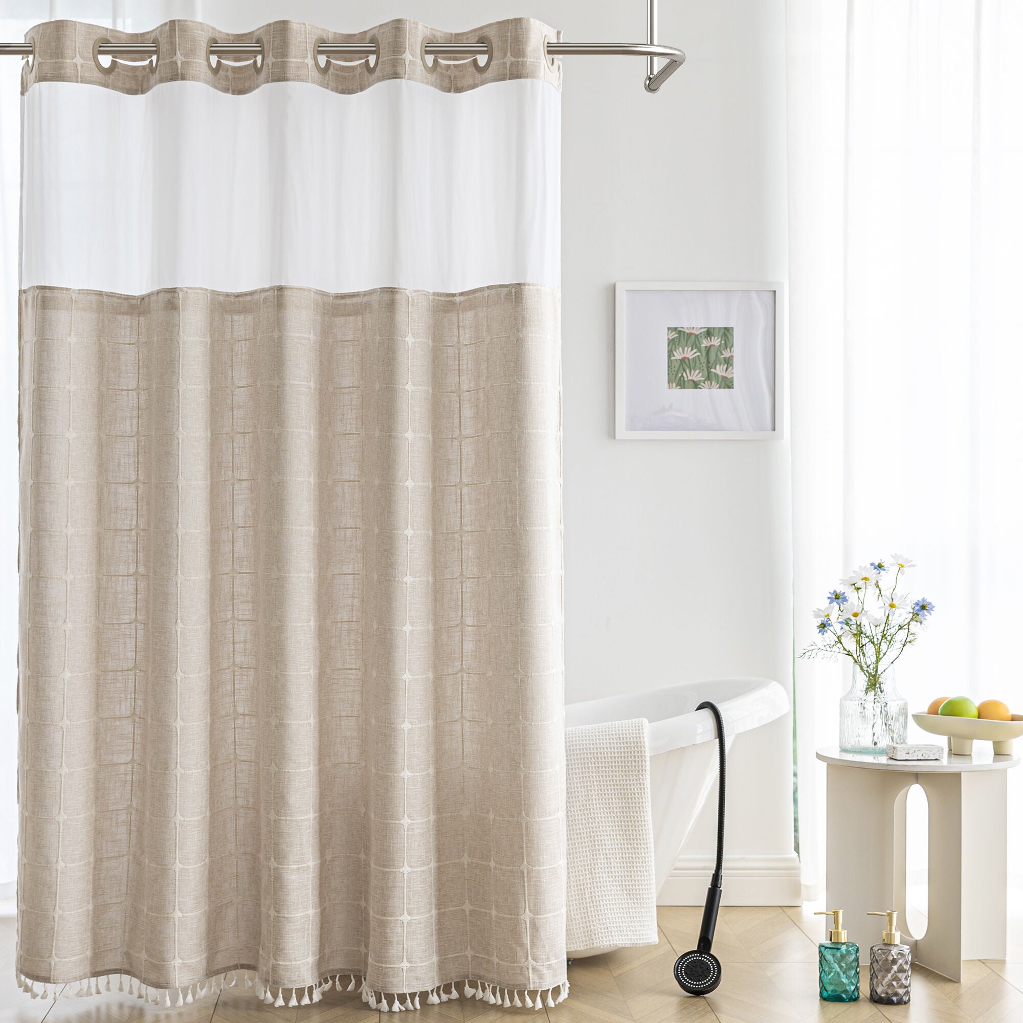 No Hook Geometric Tassels Shower Curtain with Snap-in Liner, CREAM, hi-res image number 0