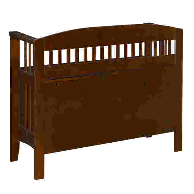 Wooden storage bench with slatted back and side view