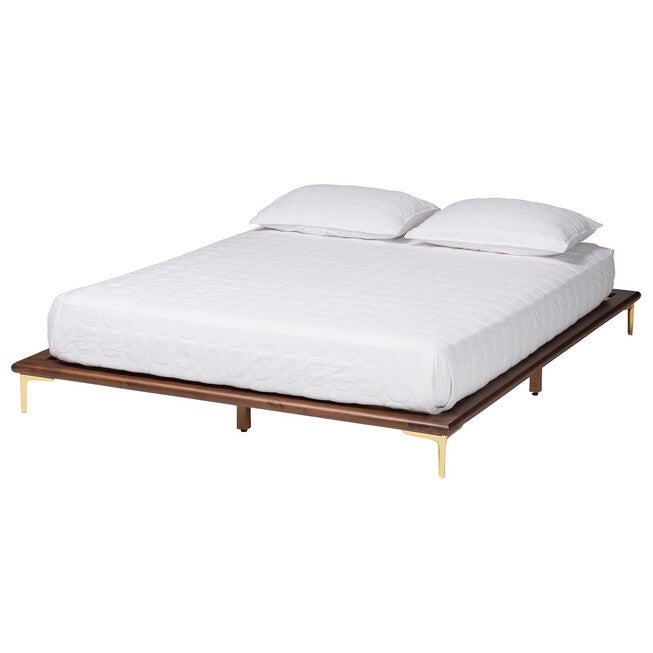 Channary Mid-Century Modern Transitional Walnut Brown Finished Wood And Gold Metal King Size Bed Frame, WALNUT BROWN GOLD, hi-res image number null