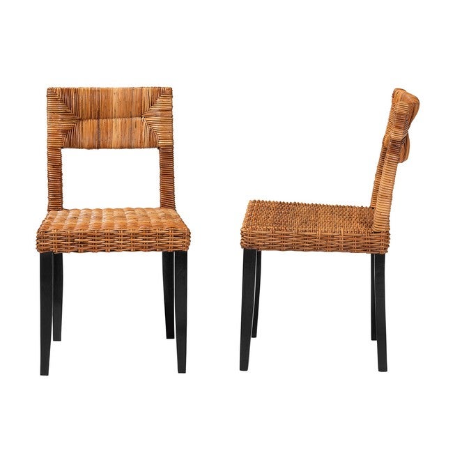 Manrico Modern Bohemian Dark Brown Finished Wood And Natural Rattan 2-Piece Dining Chair Set, , alternate image number 2