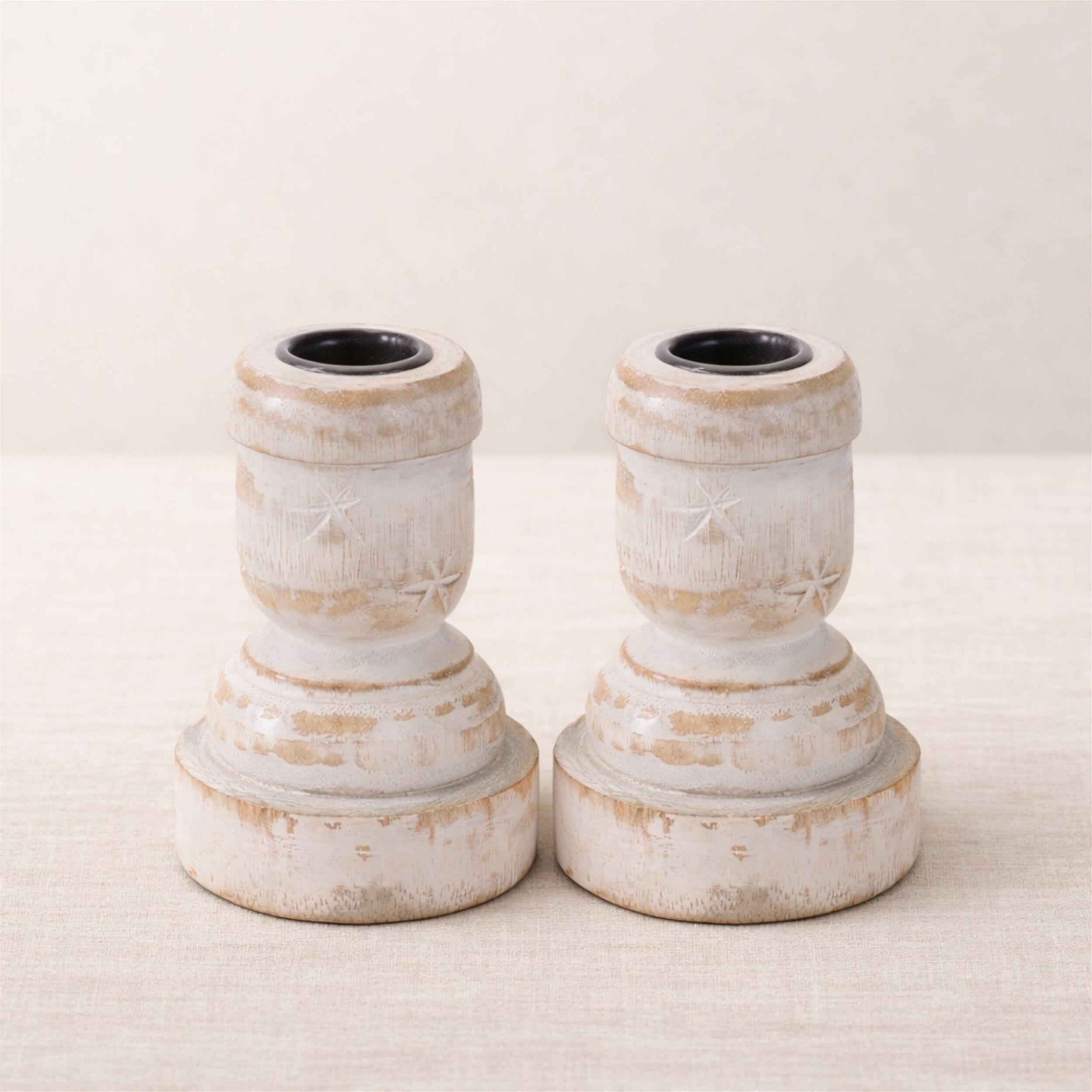 White Washed Wood Taper Candle Holder (Set of 2), WHITE BROWN, alternate image number 2