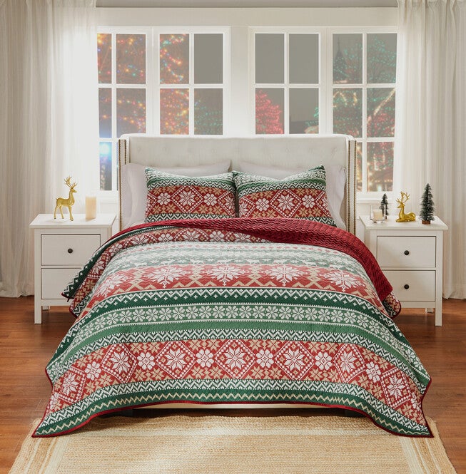 Fair Isle Festive Winter Holiday Finely Stitched Quilt Set, RED, alternate image number 3