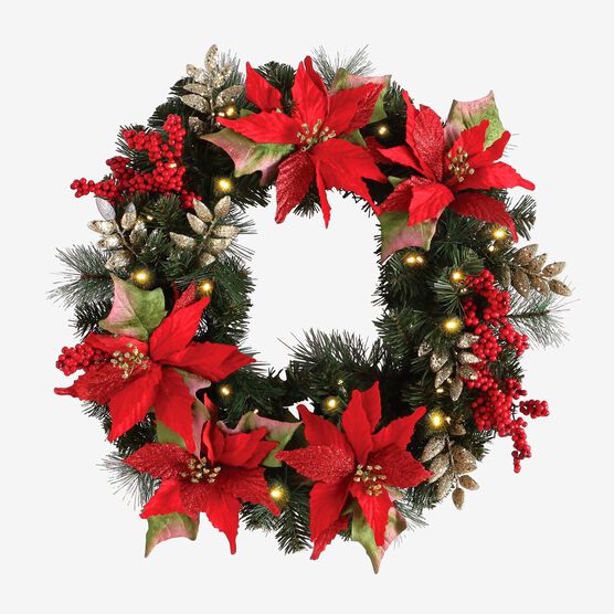 Pre-Lit Poinsettia Wreath, RED