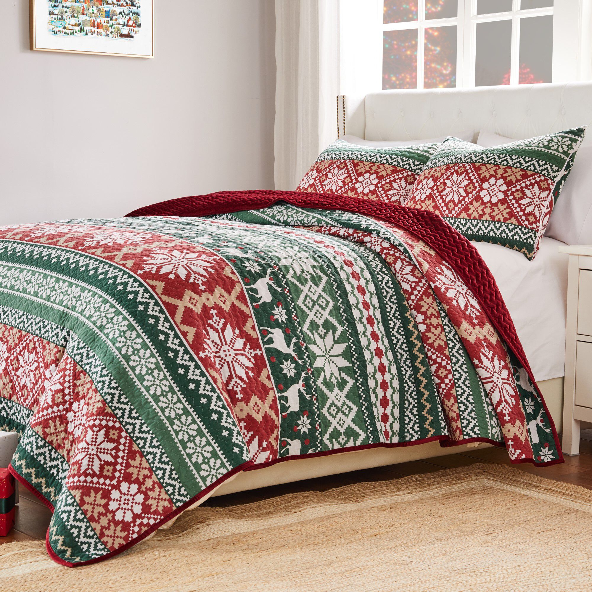 Fair Isle Festive Winter Holiday Finely Stitched Quilt Set, RED, alternate image number 4