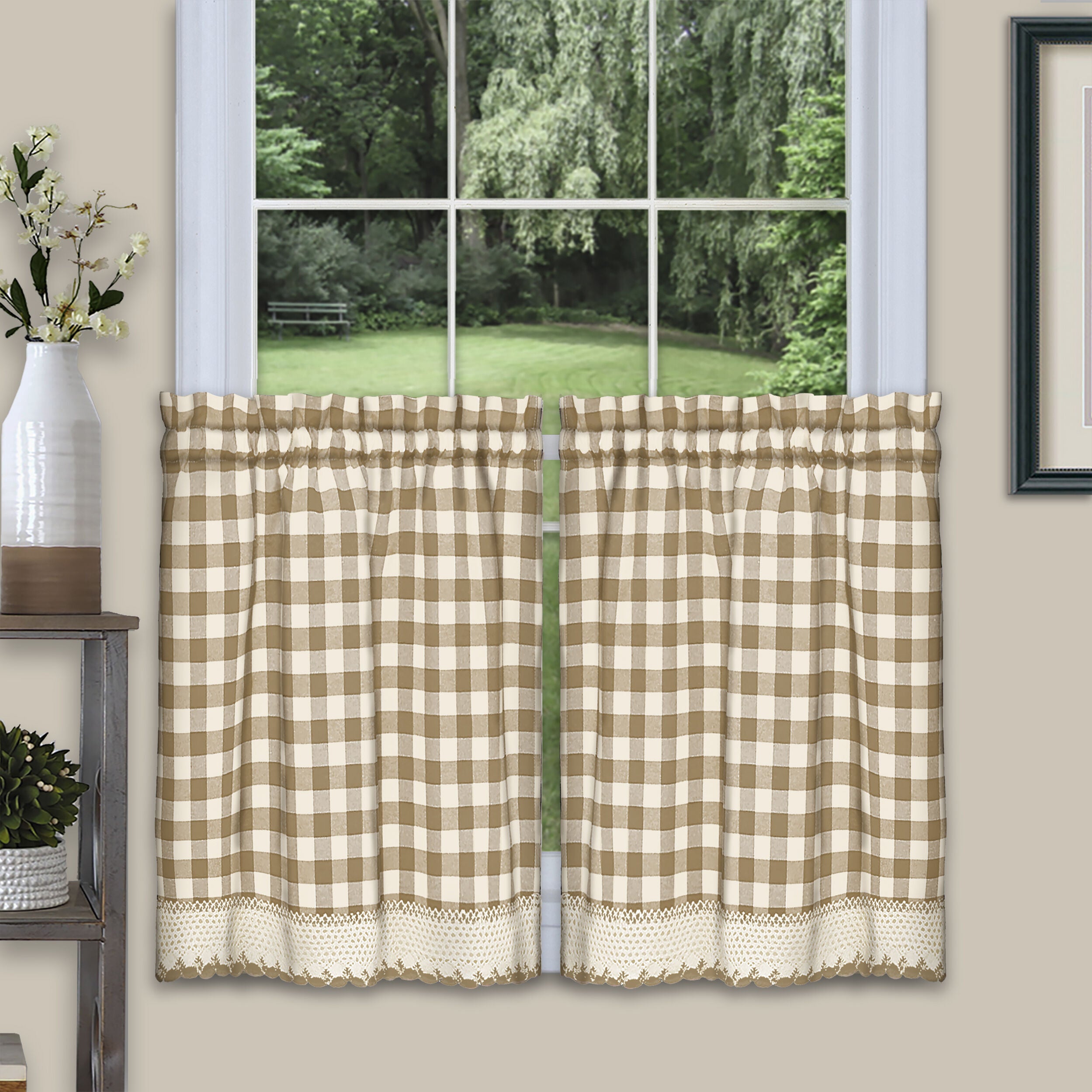 Buffalo Check Window Curtain Tier Pair, TAUPE, hi-res image number 0
