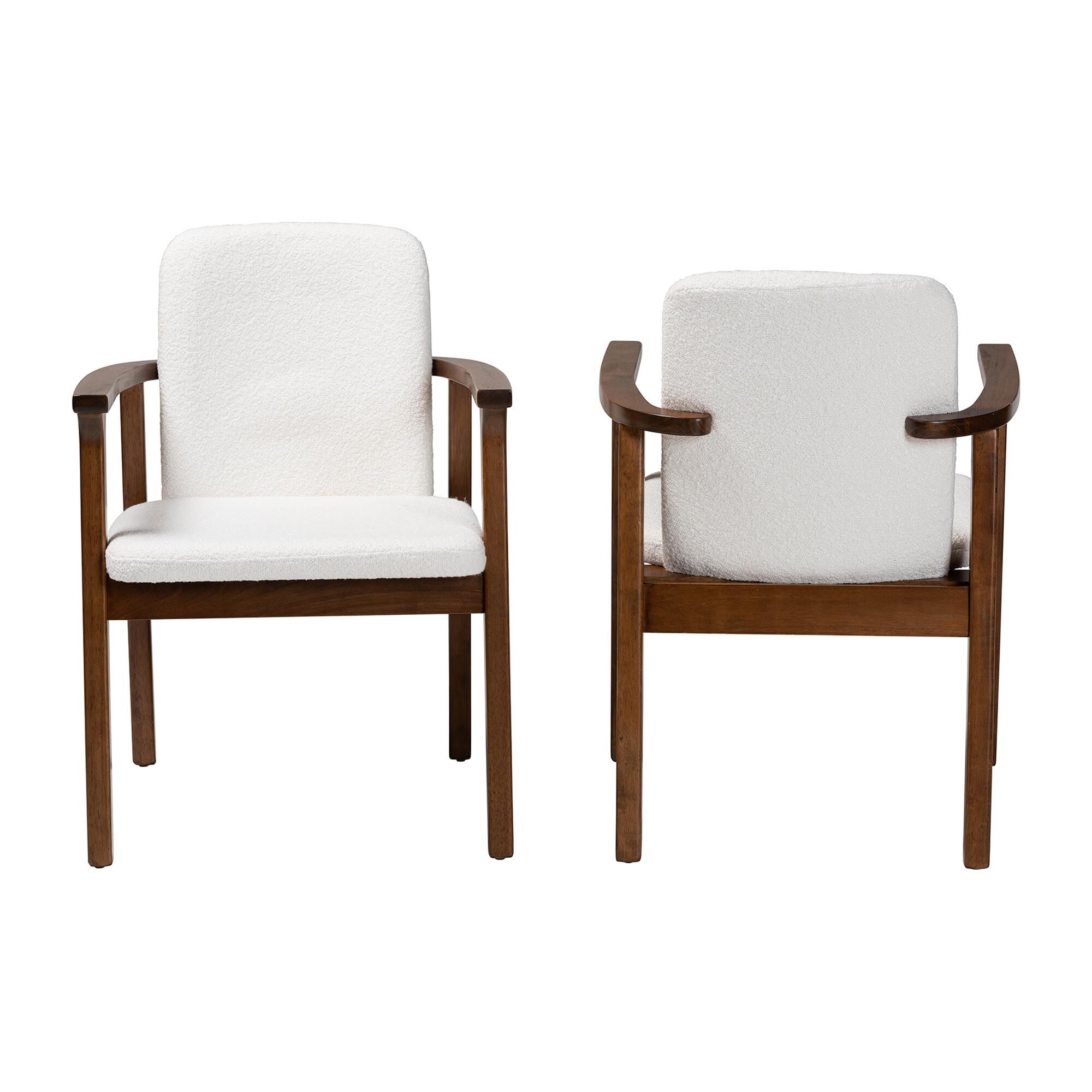 Miyagi Boucle Upholstered Dining Chair Set of 2- Mid-Century Modern Armchair with Solid Wood Frame and Rounded Backrest, WHITE, alternate image number 2