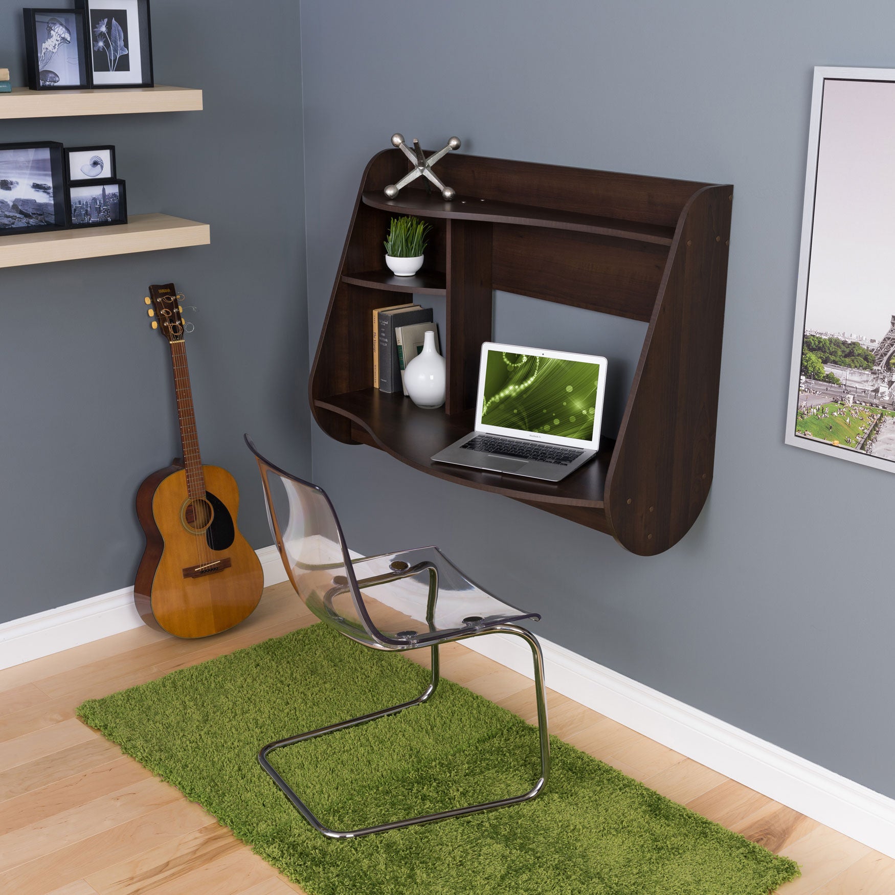 Computer floating shop desk with hutch