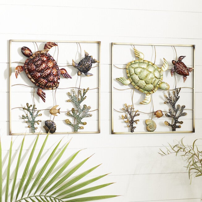 Set Of 2 Gold Metal Coastal Sea Life Wall Decor, , alternate image number null