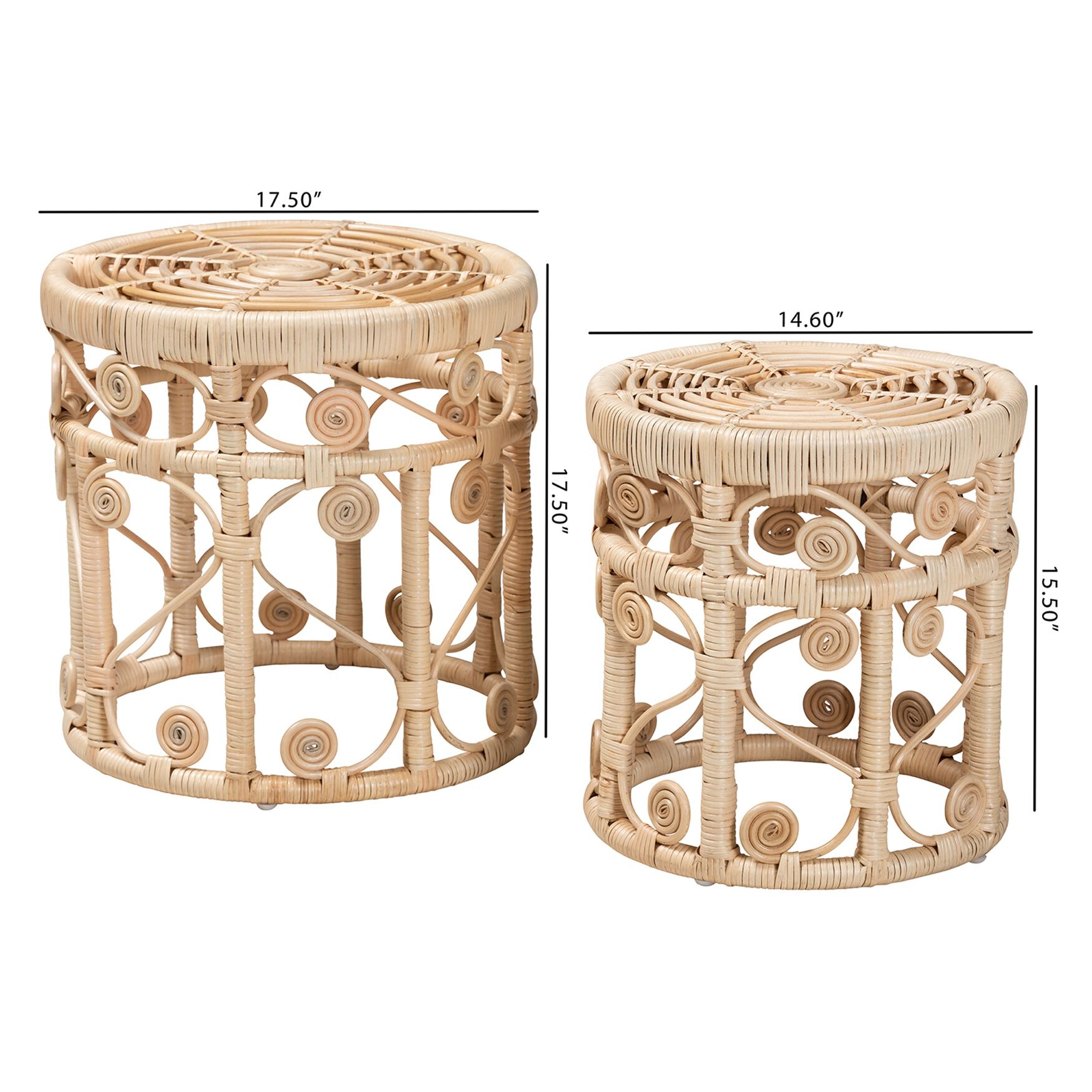 Bowie Modern Bohemian Natural Brown Rattan 2-Piece Nesting End Table Set, , alternate image number 7