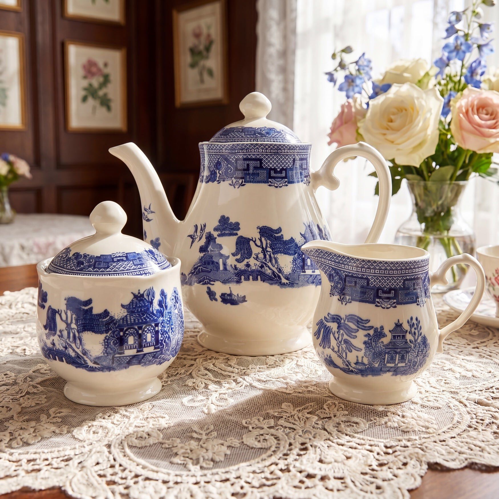 Blue Willow 3-Pc. Teapot Sugar and Creamer Set