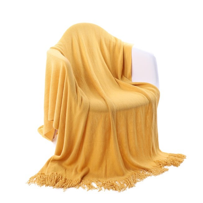 Battilo Home Solid Blanket Cross Woven Couch Throw Knitted Blanket With Decorative Fringe Lightweight For Bed Or Sofa Decorative 51 inches X 79 inches, YELLOW, hi-res image number null