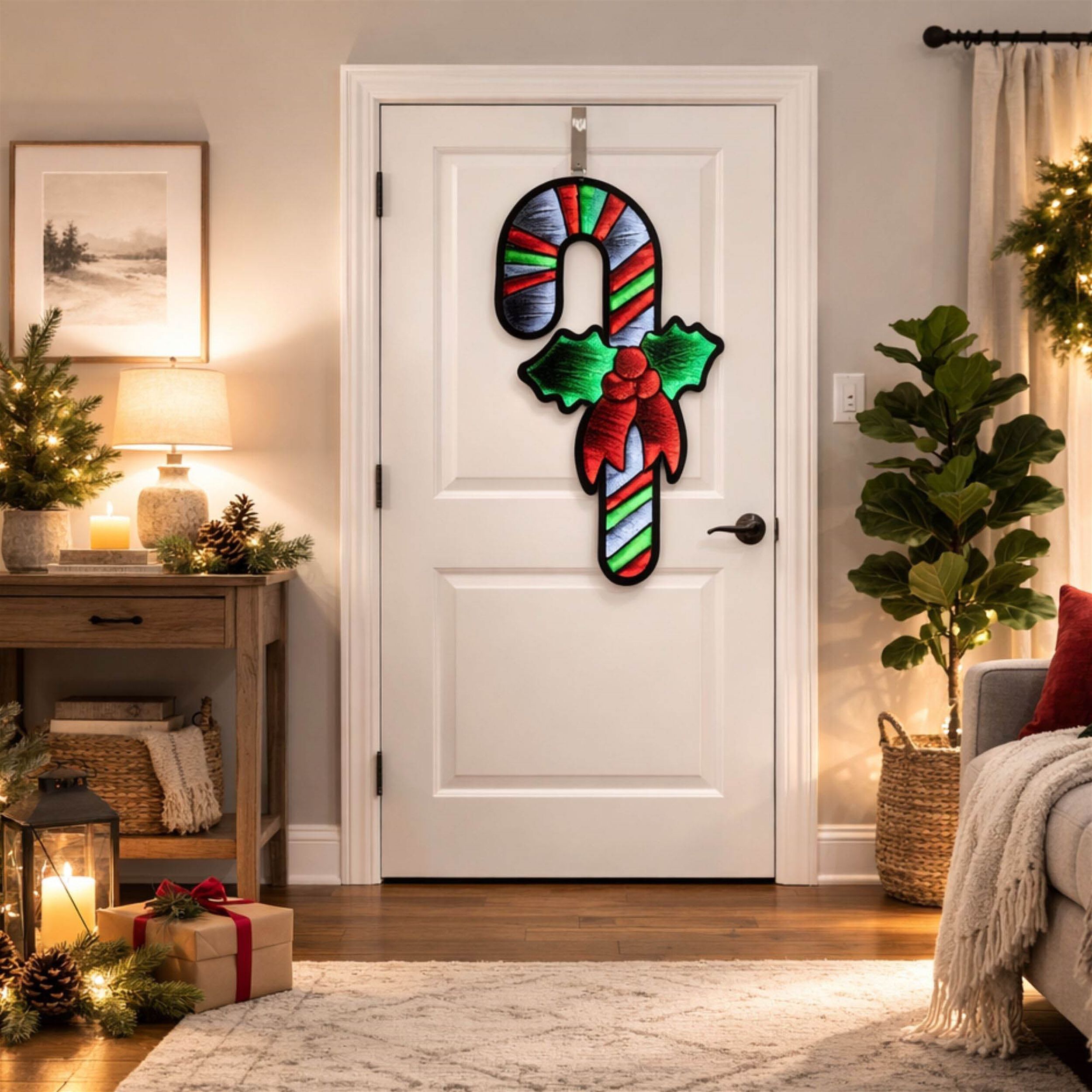 Hanging Candy Cane with Holly Ekkolight 35 inchesH, RED WHITE GREEN, alternate image number 1