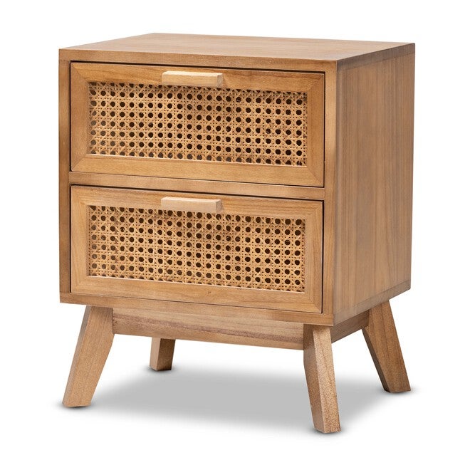 Baden Mid-Century Modern Walnut Brown Finished Wood 2-Drawer Nightstand With Rattan, NATURAL BROWN WALNUT, hi-res image number 0