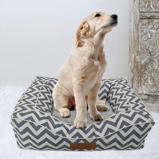 Chevron poly-cotton bolster with detachable faux fur cushion Large Size, GREY, hi-res image number null
