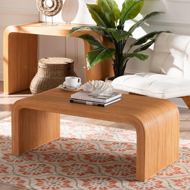 Guevara Bohemian Light Honey Fluted Rattan Coffee Table, LIGHT, hi-res image number 0