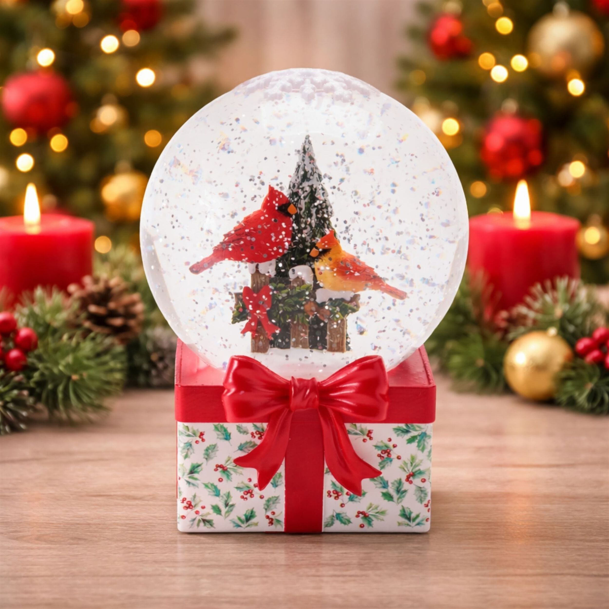 LED Cardinal Snow Globe 6.5 inchesH, RED GREEN WHITE, alternate image number 3