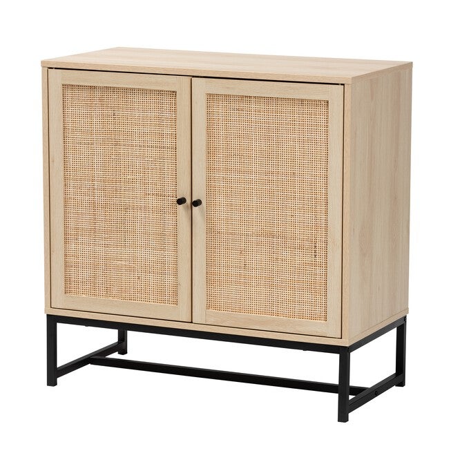 Caterina Mid-Century Modern Transitional Natural Brown Finished Wood And Natural Rattan 2-Door Storage Cabinet, NATURAL BROWN BLACK, hi-res image number null